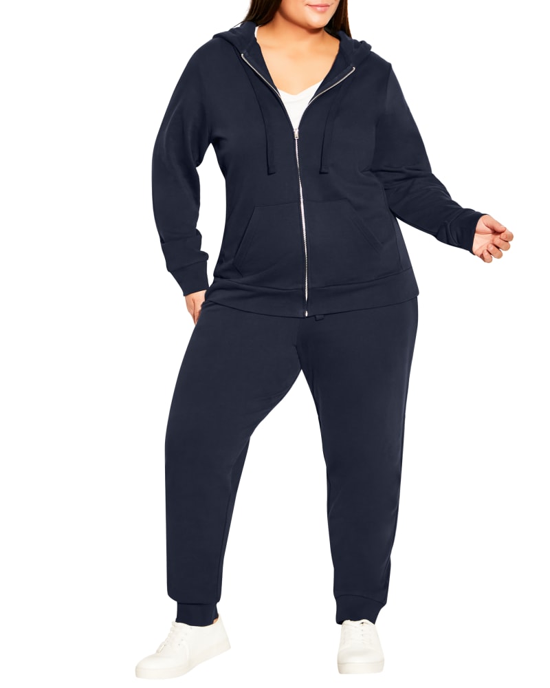 Front of a model wearing a size 14 Bailey Zip Hoodie in Navy by Aveleisure. | dia_product_style_image_id:230421